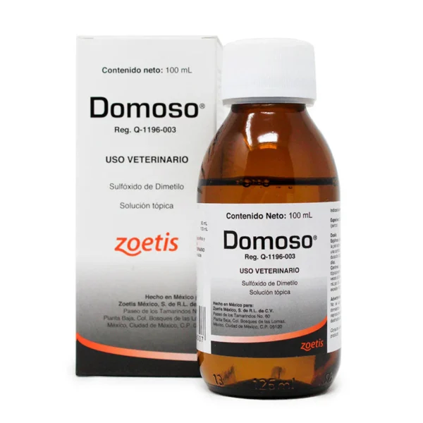 Domoso is a veterinary product primarily containing dimethyl sulfoxide (DMSO), a chemical compound known for its anti-inflammatory and analgesic properties.